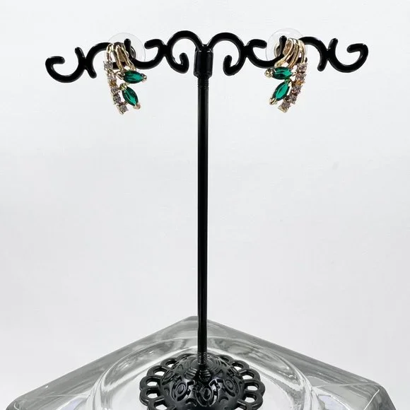 Green & Clear Rhinestone Gold Tone Post Earrings - Picture 2 of 7